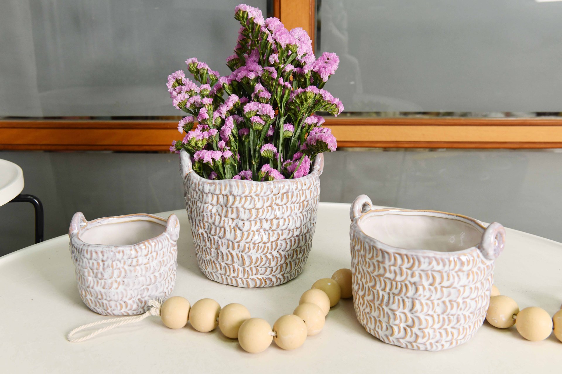 Stoneware Ceramic Texture Flower Pot With Handle