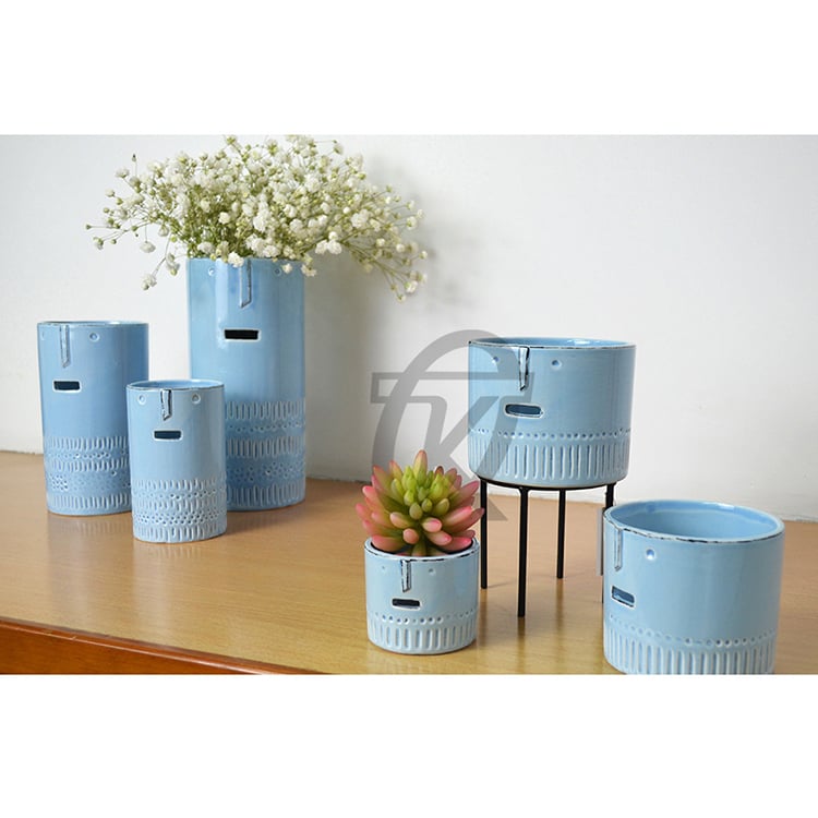 Unique Design Tall Blue Ceramic Glazed Flower Pot And Planter