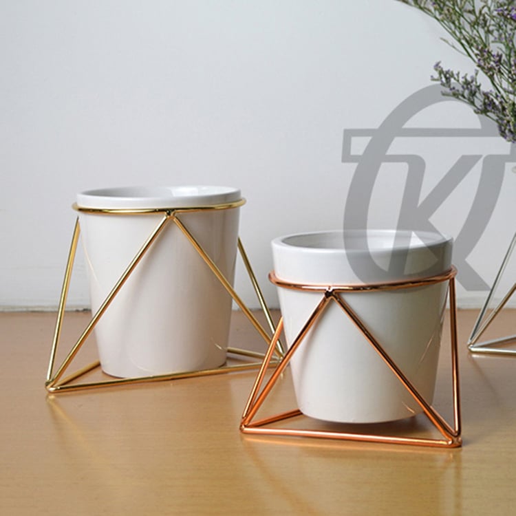 New Design White Round Ceramic Flower Pot With Cast Iron Holder