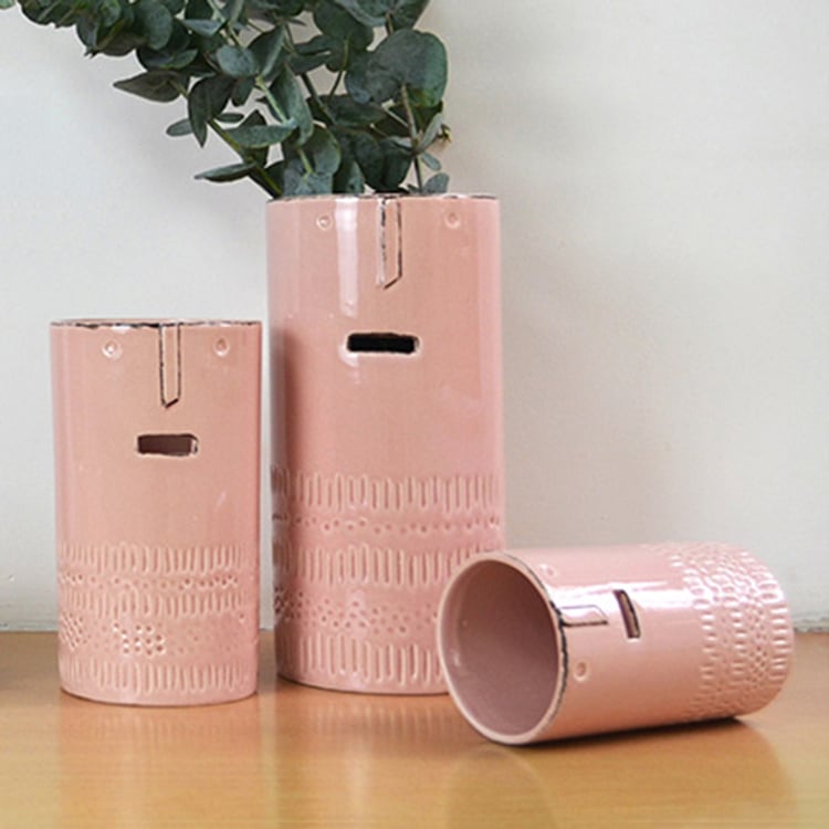 Chinese Face Design Pink Ceramic Glazed Flower Pot