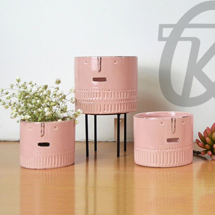 Chinese Face Design Pink Ceramic Glazed Flower Pot