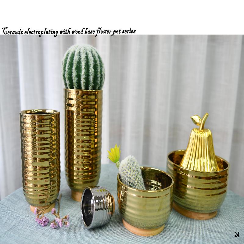 Ceramic Electroplating With Wood Base Flower Pot Series And Vases