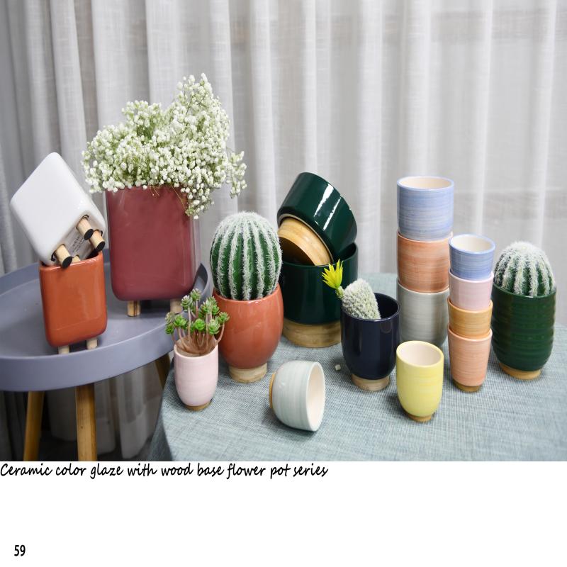Ceramic Color Glaze With Wood Base Flower Pot Series