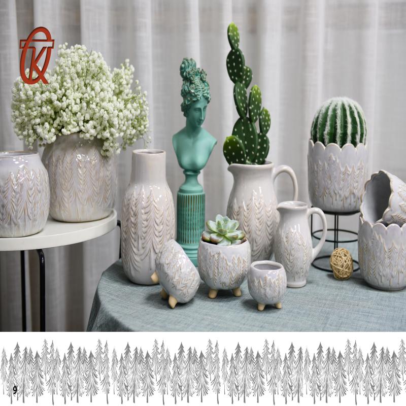 Large White Glaze Tree Embossed Flower Pot Series Kettle Pots