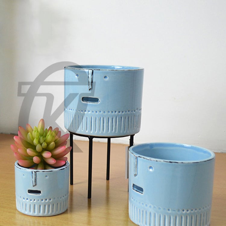 Unique Design Tall Blue Ceramic Glazed Flower Pot And Planter