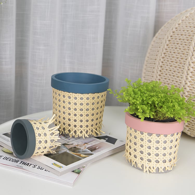 Custom Small Cement Concrete Planter Flower Pot With Rattan Design